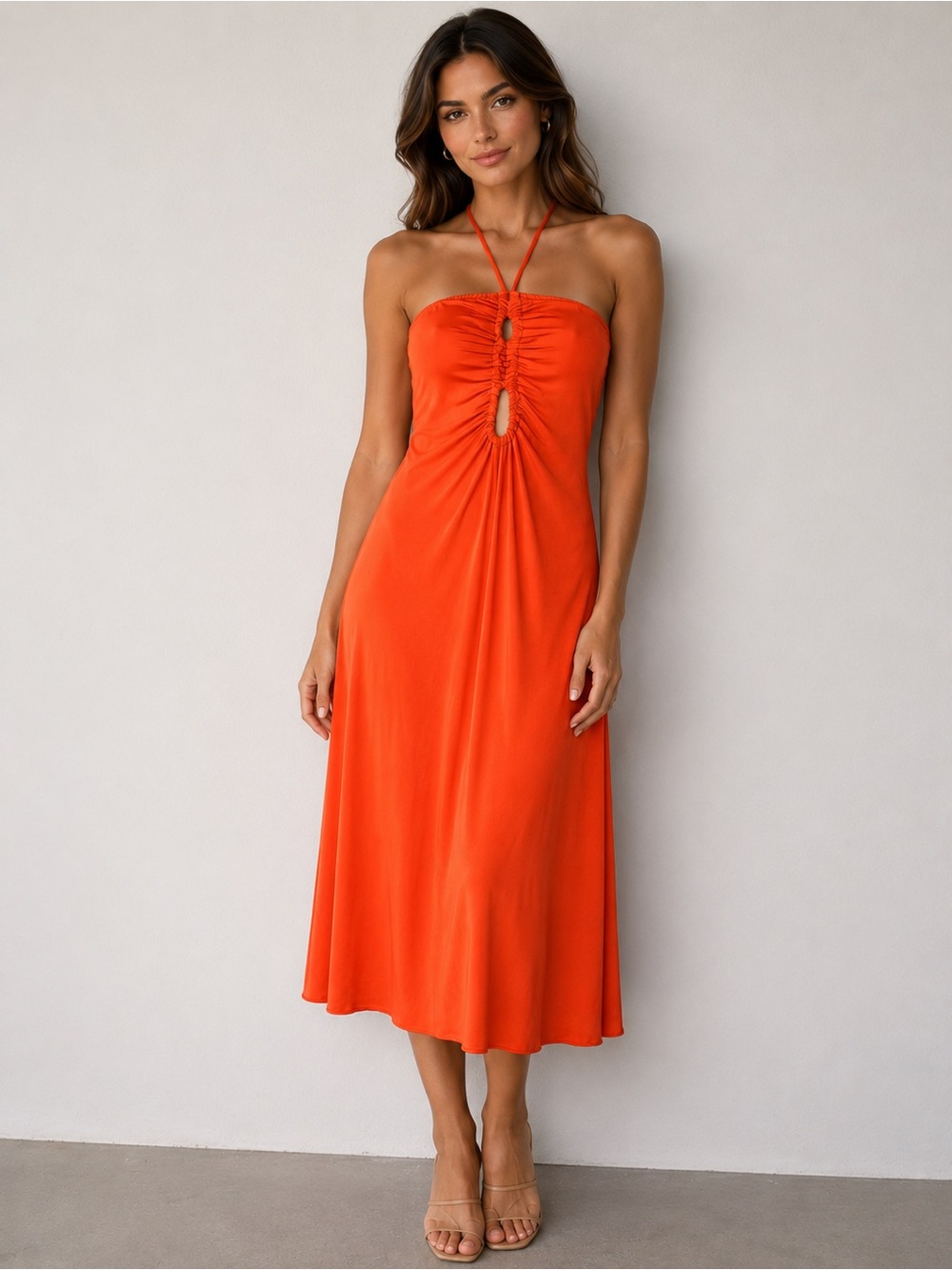 Sincerely Jules Orange Halter Midi Dress Ruched Cutout Resort Coastal Chic L